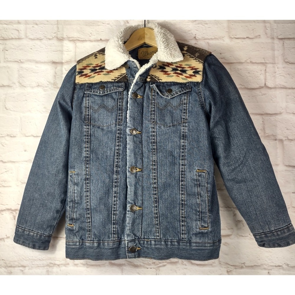Wrangler Jacket Youth Large Aztec Sherpa Lined Denim Trucker Western Coat Kids
